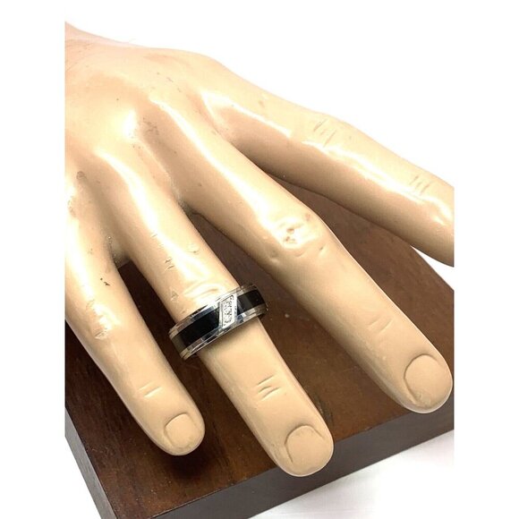 Men's Wedding Band Diamond Black Silver Tungsten Carbide 8mm Ring Size 9.75 - Picture 5 of 14